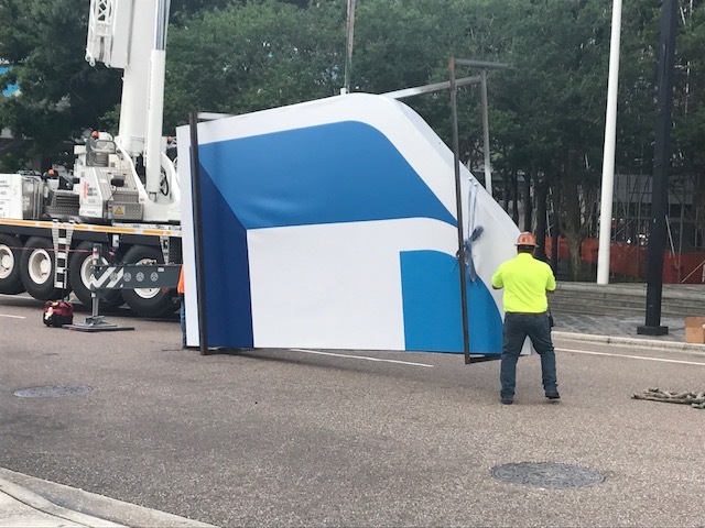 The logo for TIAA Bank is prepared for installation. (Photo provided by TIAA Bank)