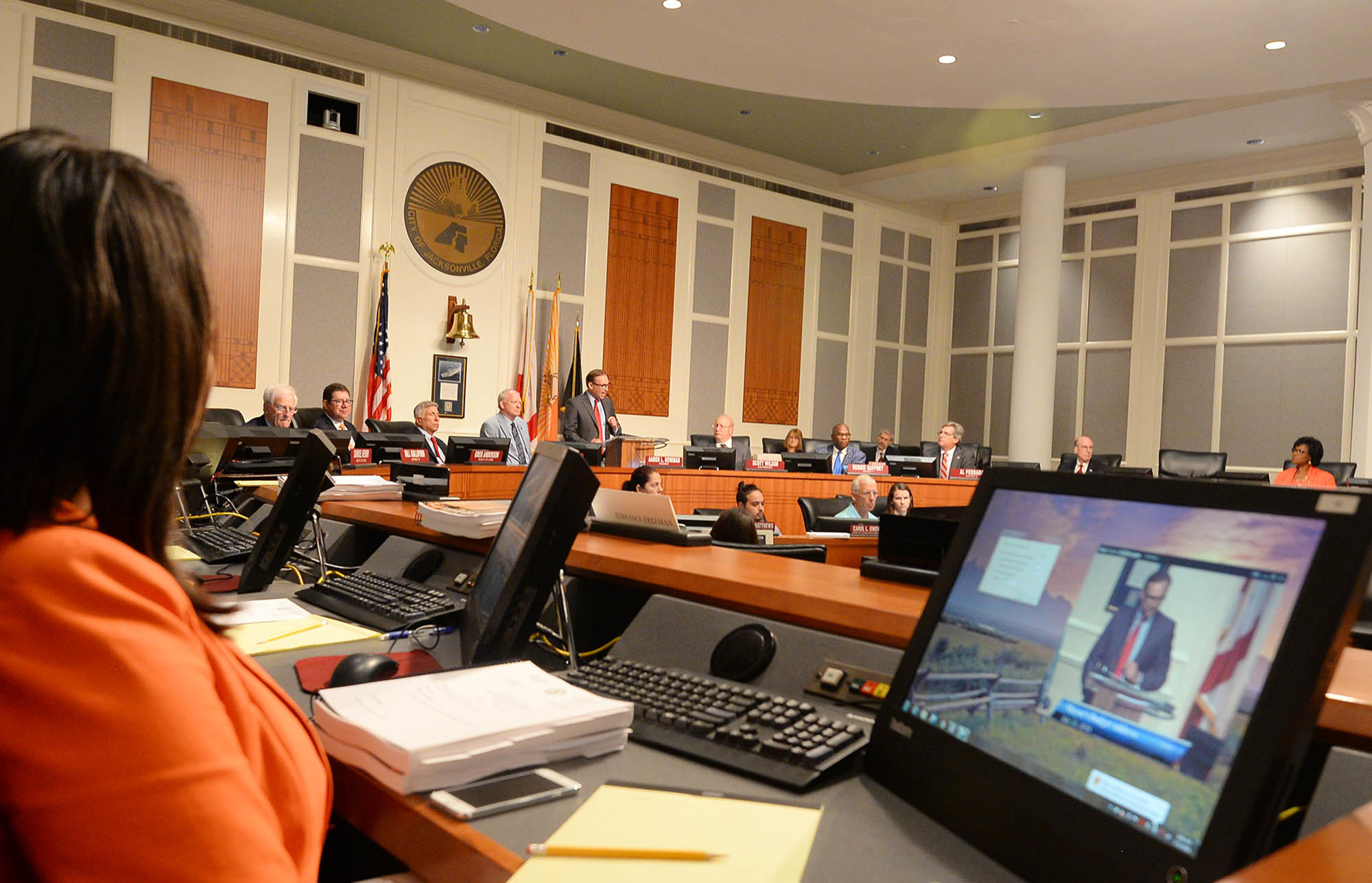 Council members watch as Jacksonville Mayor Lenny Curry delivers his 2018-19 budget presentation Monday at City Hall.