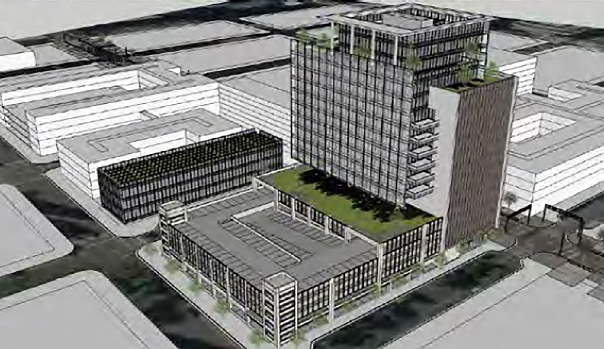 Four-block footprint: A proposal by developer Steve Atkins would retrofit and expand the utility’s current headquarters at 21 W. Church St.