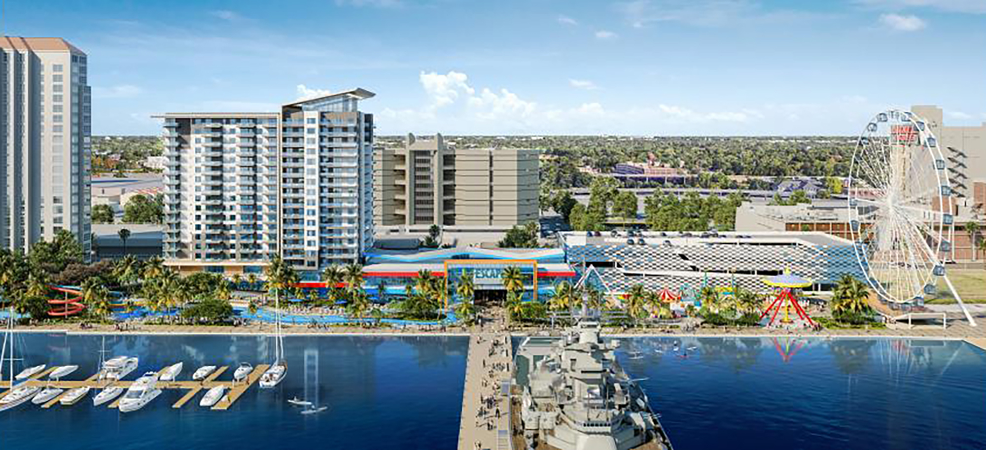 Renderings of the resort show a marina and a spot for the USS Charles F. Adams naval ship museum.