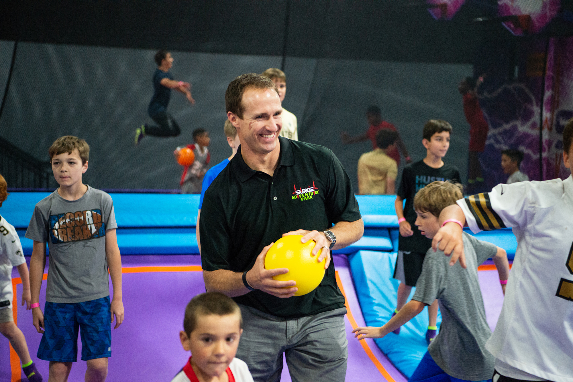 New Orleans Saints quarterback Drew Brees at the New Orleans Surge Trampoline Park. He is opening a Surge Adventure Park in Regency Court in Jacksonville.
