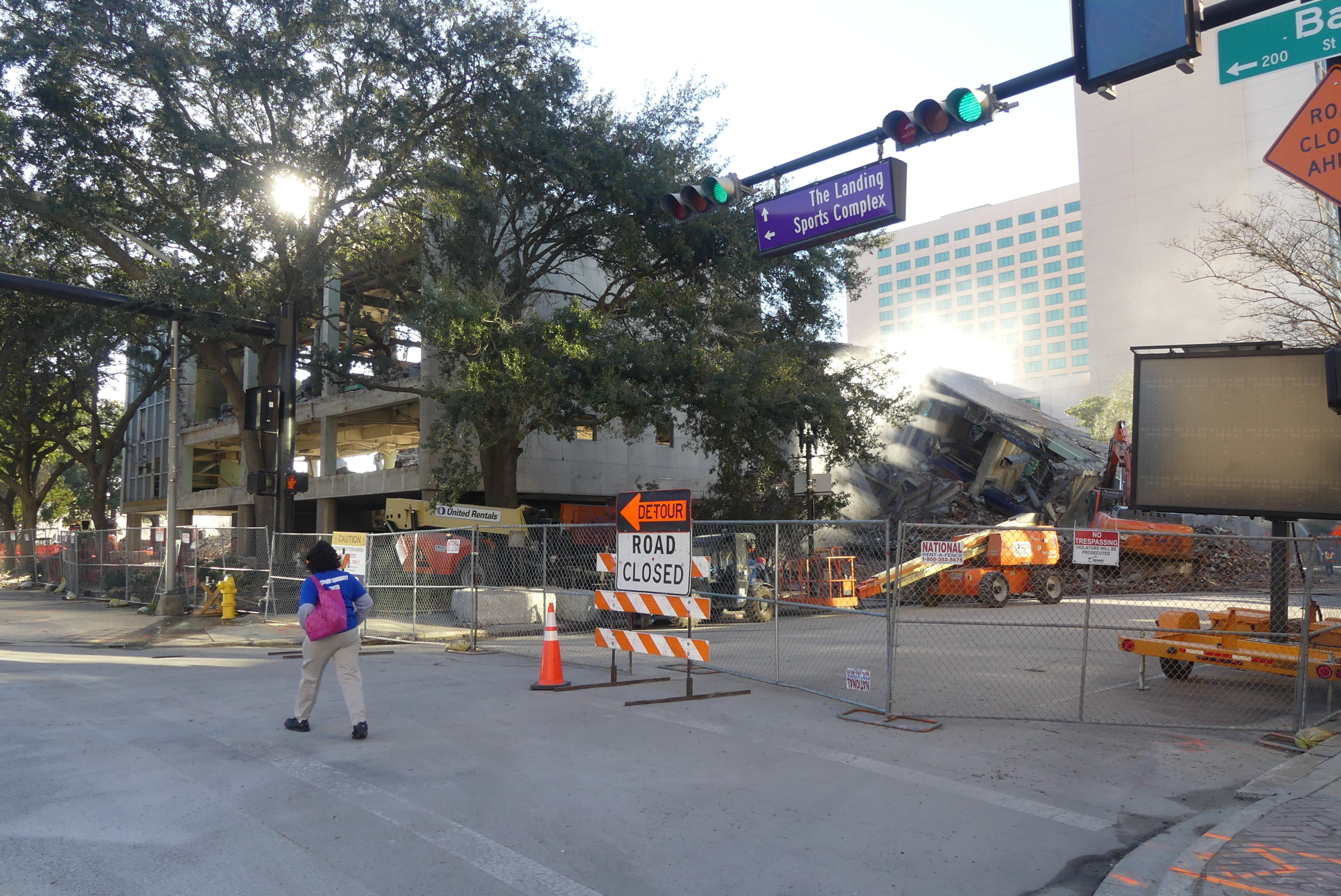 Newnan Street between Bay Street and Independent Drive was closed Monday for demolition of the remaining sections of the old City Hall and removal of debris from the implosion.