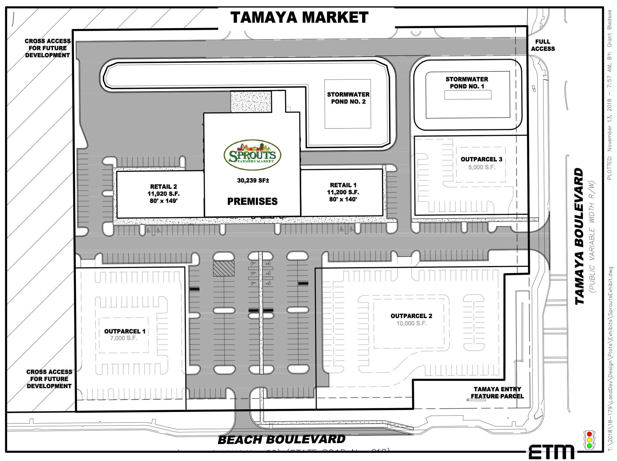 Tamaya Market is designed as a 75,000-square-foot shopping center. Plans show a 30,239-square-foot anchor store with a 12,000-square-foot retail building adjacent to one side and an 11,200-square-foot store to the other.