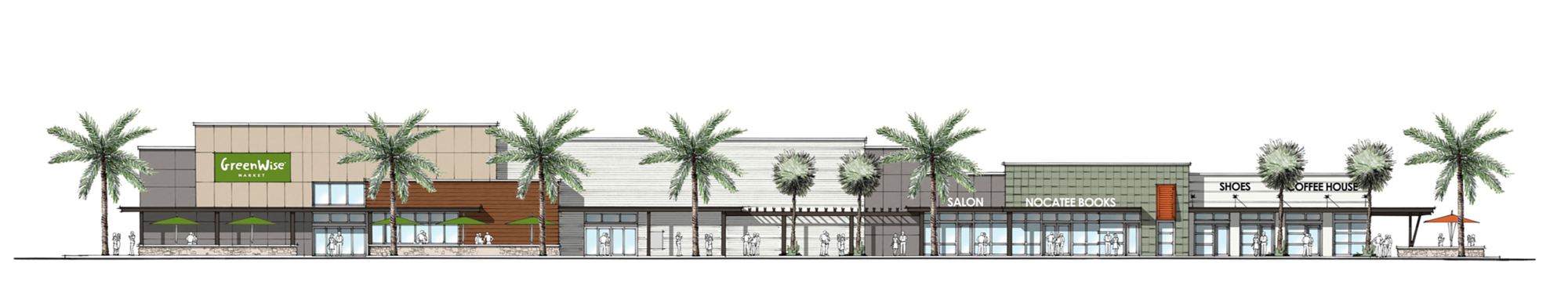 A rendering of the elevation of the Publix GreenWise planned at Nocatee Town Center. The other signage for salon, books, shoes and a coffee house are not actual tenants but are placeholders to show potential tenants.