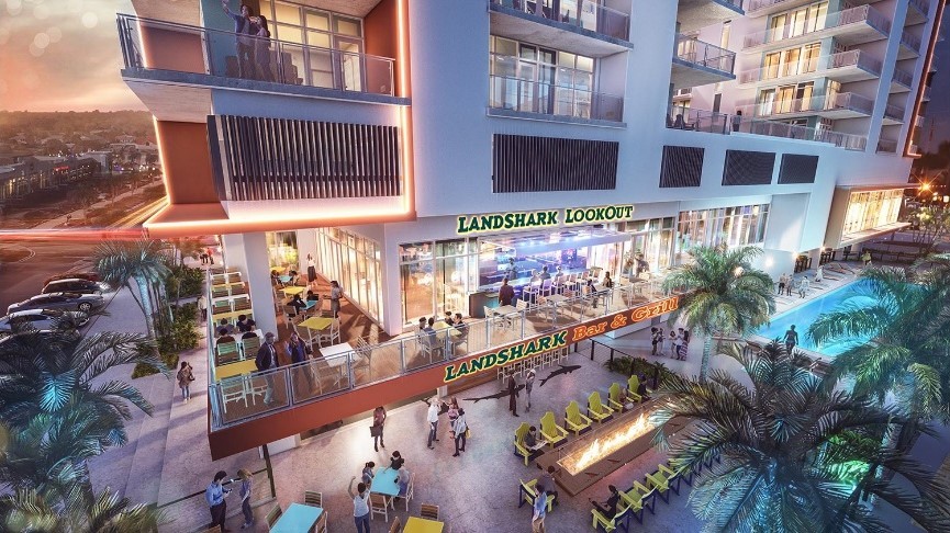 The hotel features a two-story Landshark Bar & Grill, a “LandShark Lookout” observation deck.