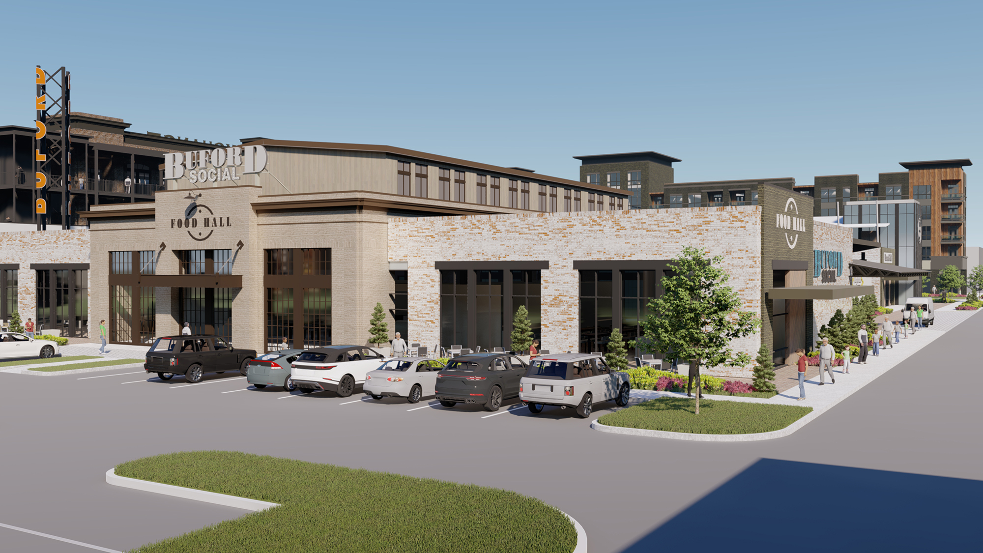 A marquee feature for Fuqua’s property will be the 40,000-square-foot Bold City Food Hall, comprising 20,000 square feet for a 20-kitchen food hall. Pictured is a food hall planned at the Gwinnett Exchange.