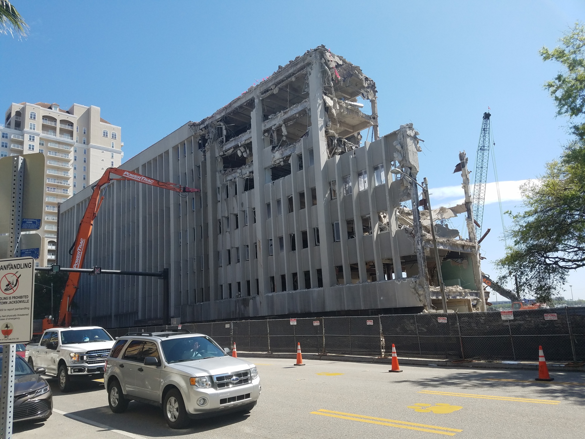 Workers continue to demolish the front of the old Duval County Courthouse along East Bay Street on Wednesday.