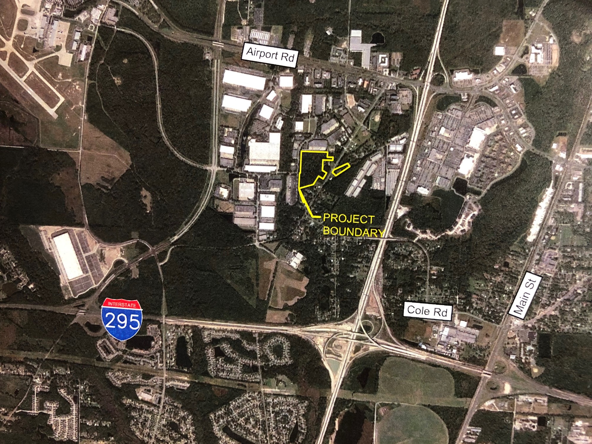 An aerial map shows where Scannell Properties wants to develop Freebird Commerce Center.