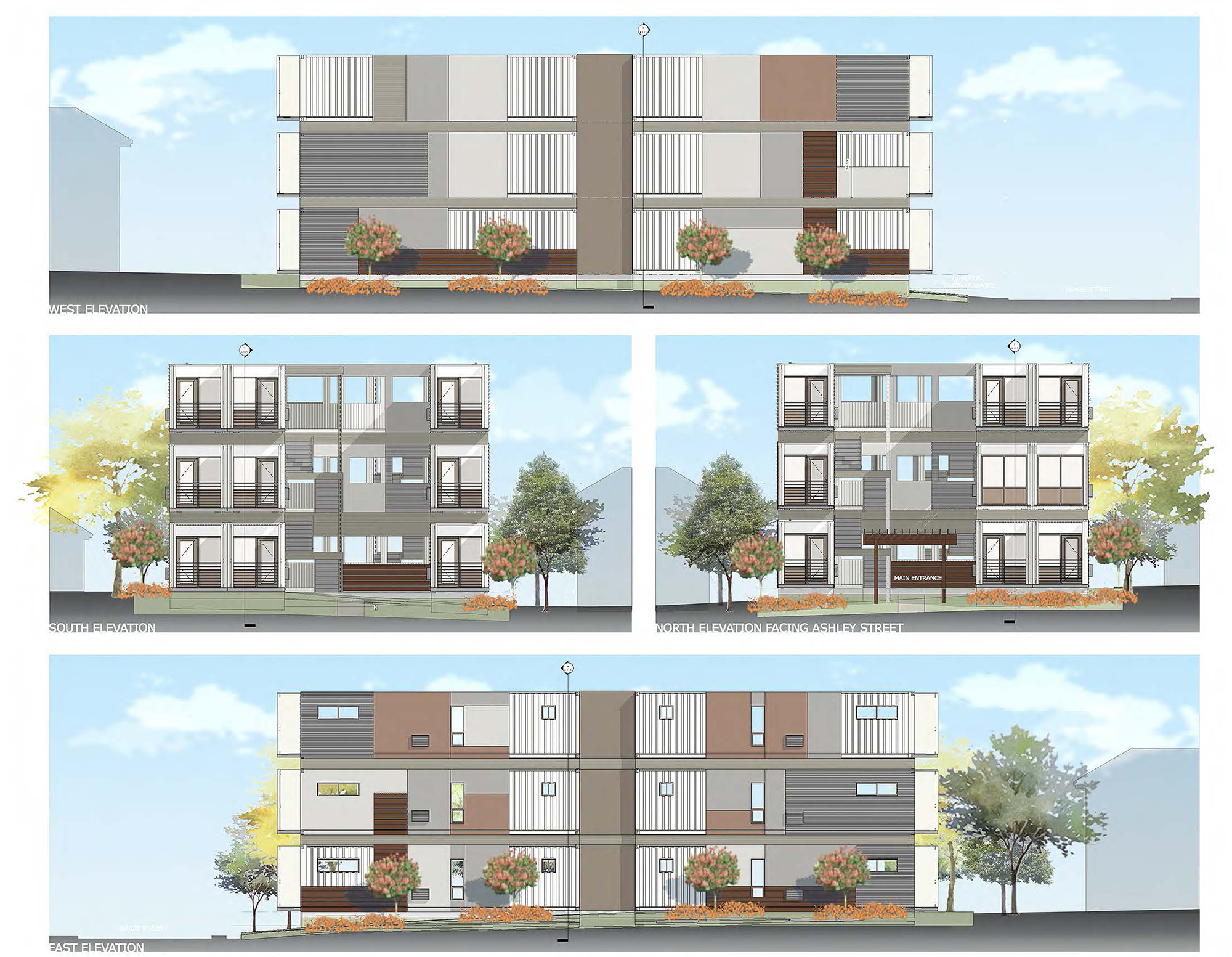 Elevations of the Ashley Street Container Project.