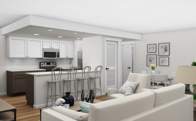The units feature exposed brick walls, a “chef’s kitchen” with custom cabinetry, stainless steel appliances, granite countertops and wood luxury vinyl flooring.