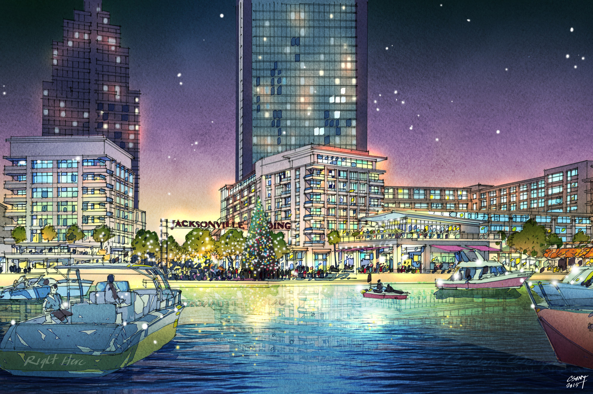 A future use of the Jacksonville Landing site is shown from the St. Johns River in this rendering from 2015.