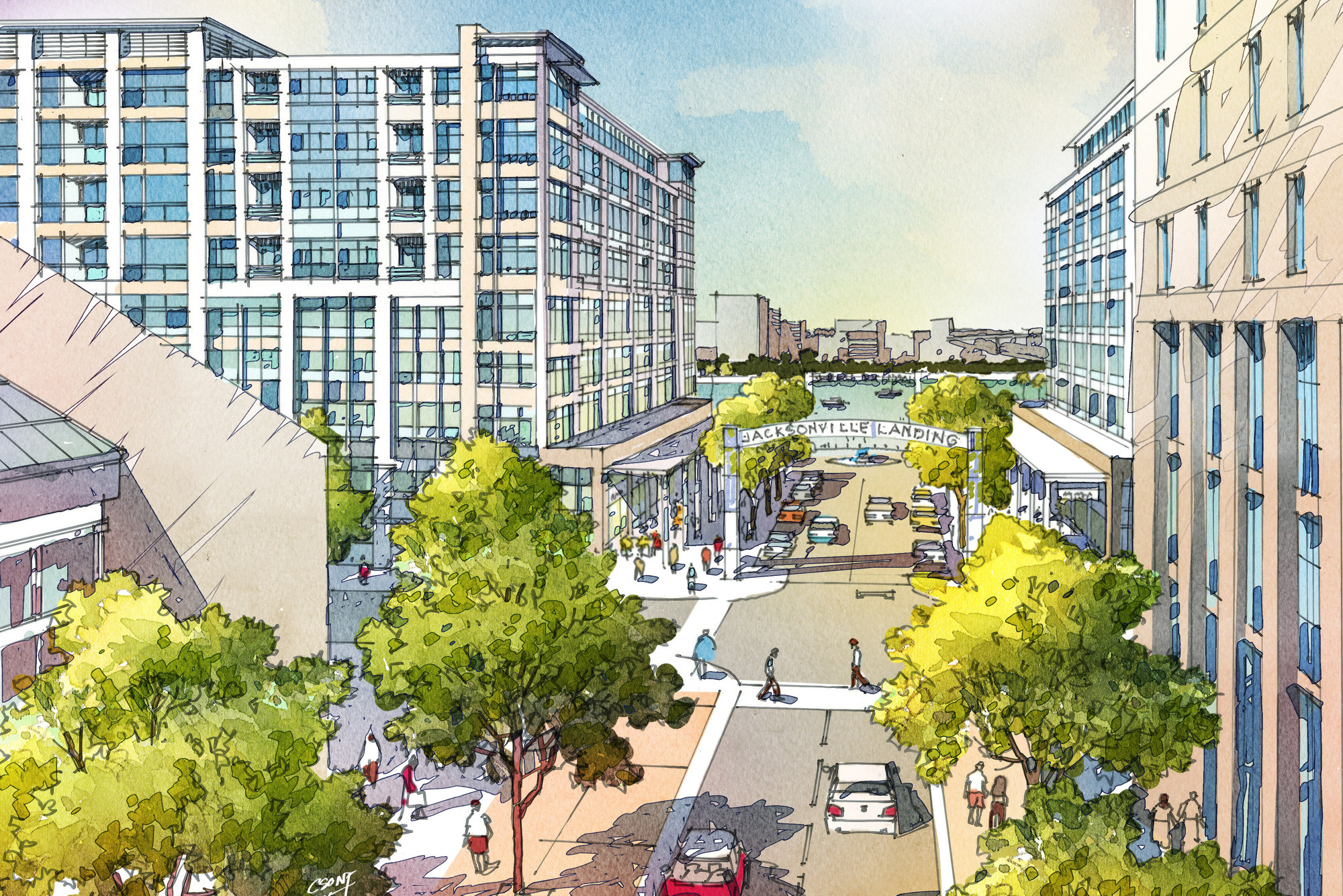 The entrance to a new Jacksonville Landing is shown in this rendering from 2015.