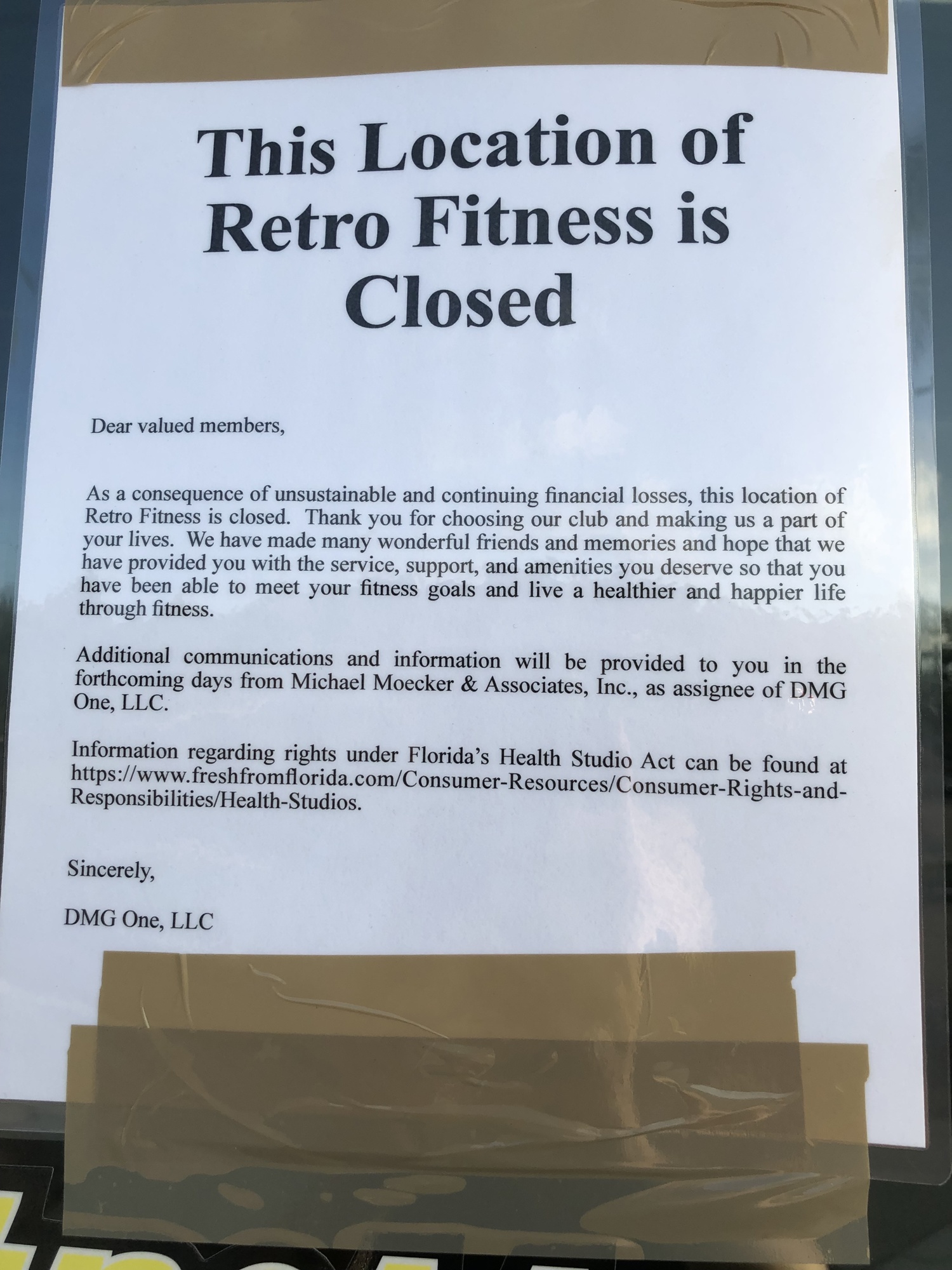 Signs on the door of Retro Fitness in Harbour Village says the location at 13475 Atlantic Blvd. is closed because of financial losses.