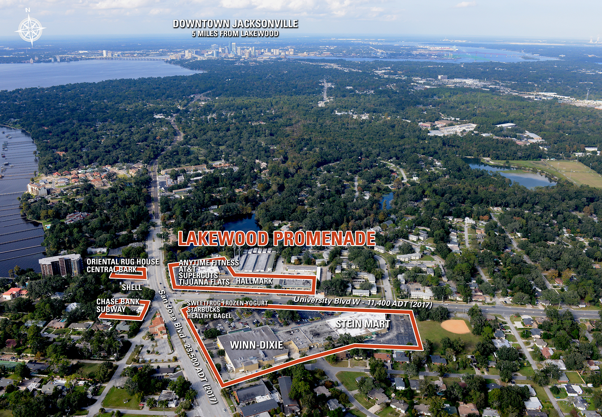 The aerial view of Lakewood Promenade outlines the property bought by Sleiman Enterprises.