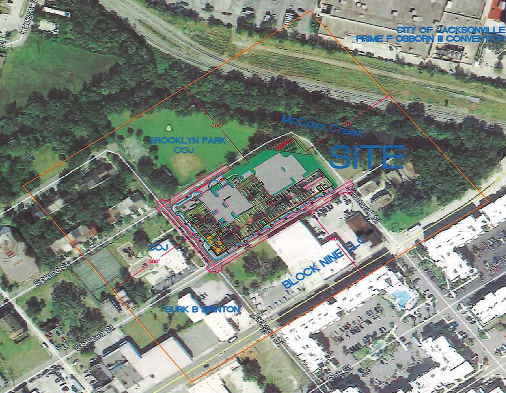 The Lofts at Brooklyn is outlined in red. The DDRB asked the developer for public parking near Brooklyn Park.