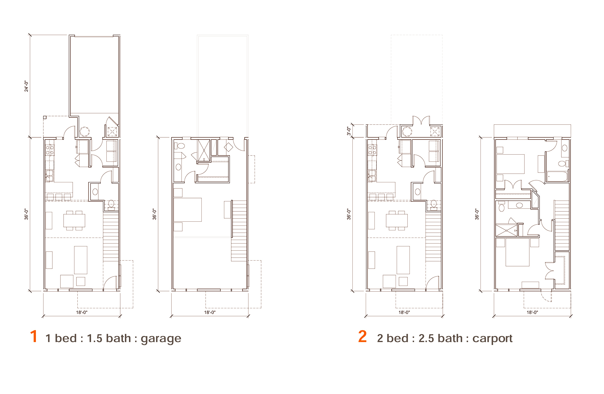 Plans show two models — a one bedroom, 1½ bath and a garage, and a two-bedroom, 2½ bath with carport.