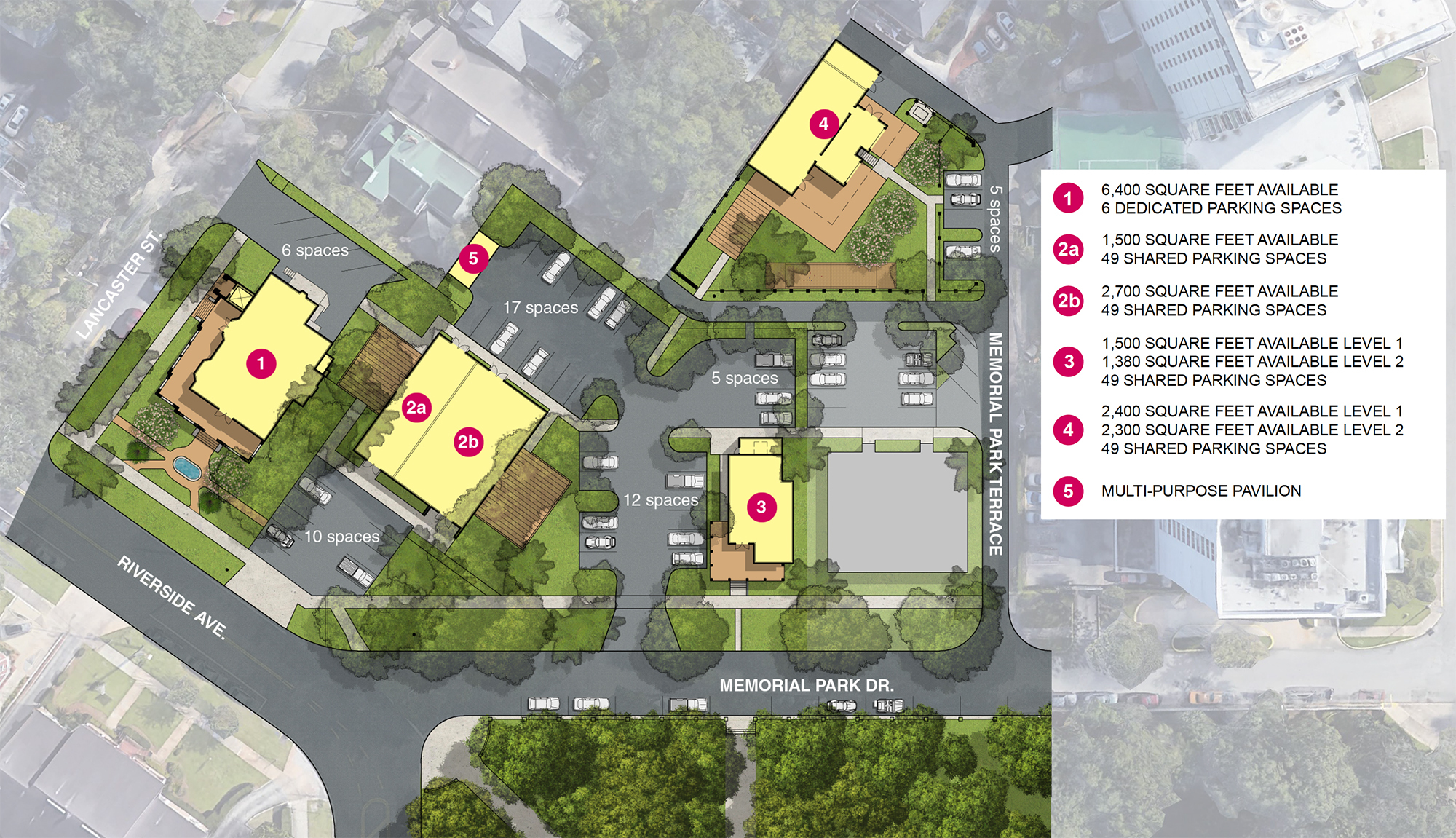 The site plan for the four buildings on the property. The site comprises 1.3 acres and is zoned commercial, residential and office.