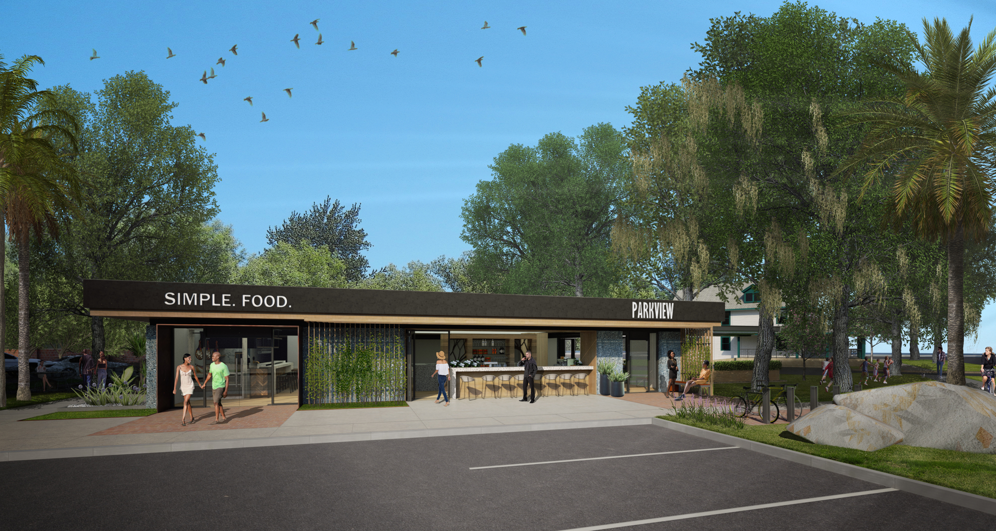 An artist’s rendering of one of the four renovated buildings planned at Riverside Village near Memorial Park.
