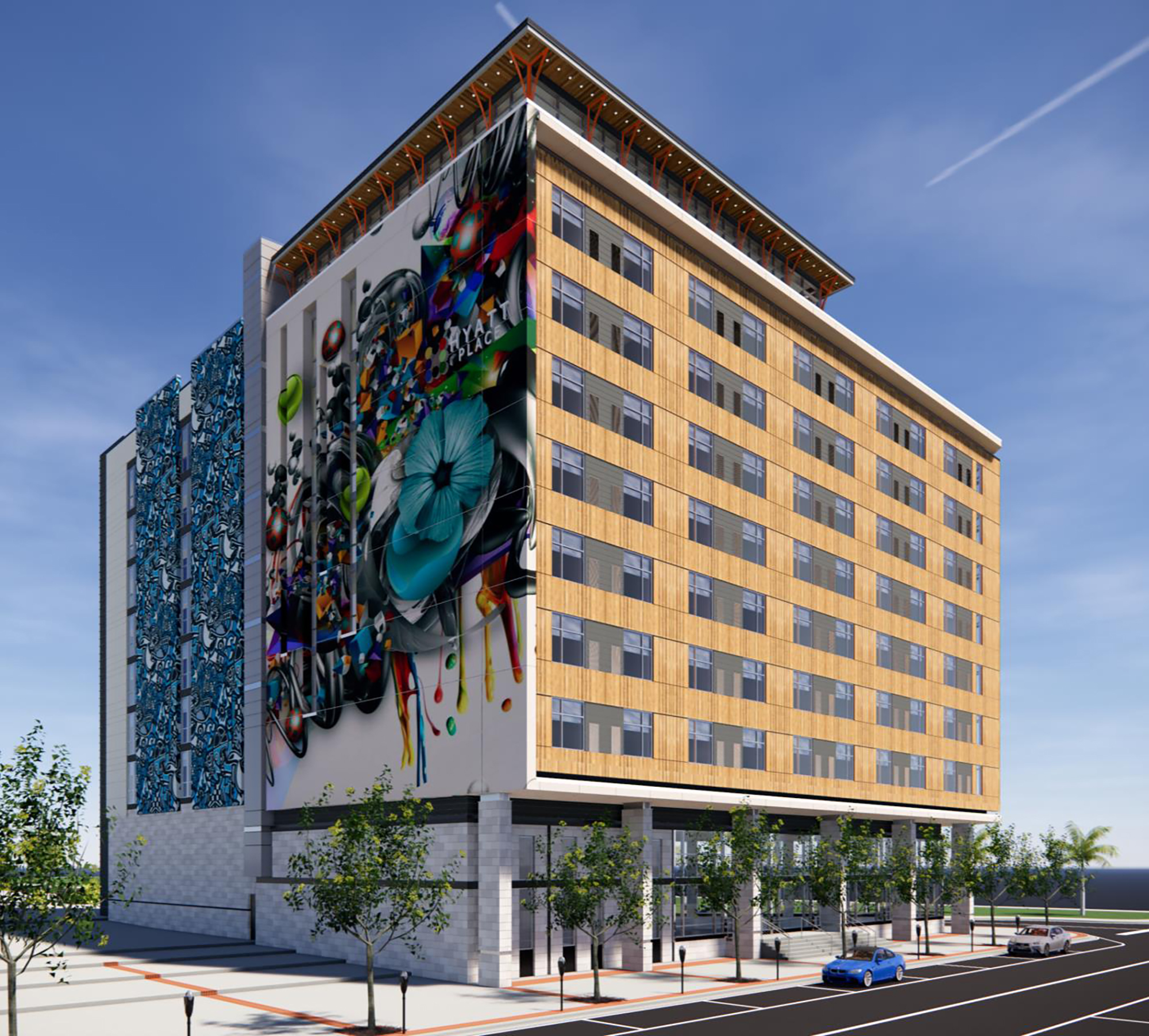 The Downtown Hyatt Place hotel plans to extend into the Hogan Street right-of-way by 5 to 6 feet .