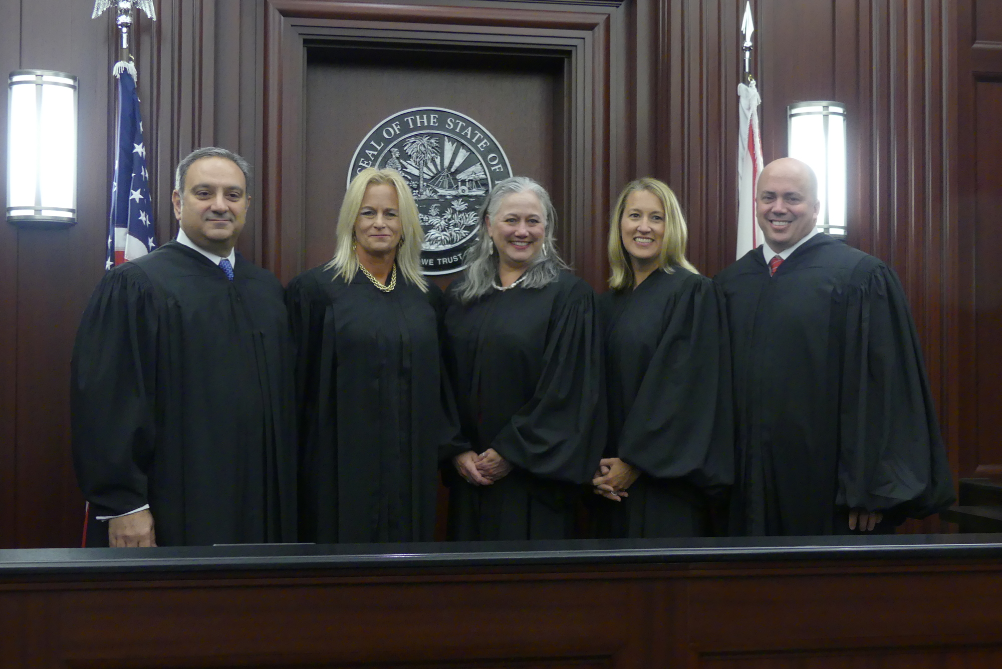 Jacksonville Bar Association President Katie Dearing was one of five judges sworn in Jan. 8. From left, Duval County Judges Michael Bateh and Kimberly Sadler and  Circuit Judges Maureen Horkan, Dearing and Collins Cooper.