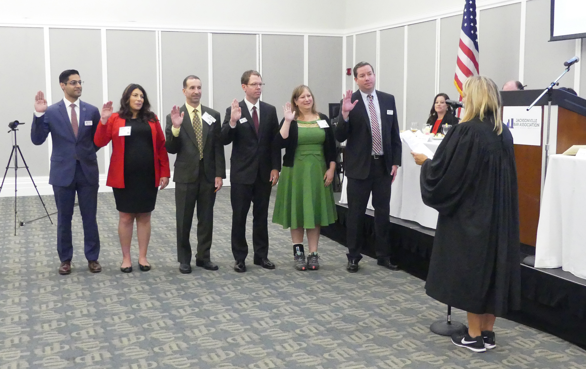 Members of the Jacksonville Bar Association 2019-20 board of governors, from left, Asghar Syed, Jamie Karpman, Blane McCarthy, Brian Coughlin, Adina Pollan and Christian George are sworn in by Circuit Judge Katie Dearing.