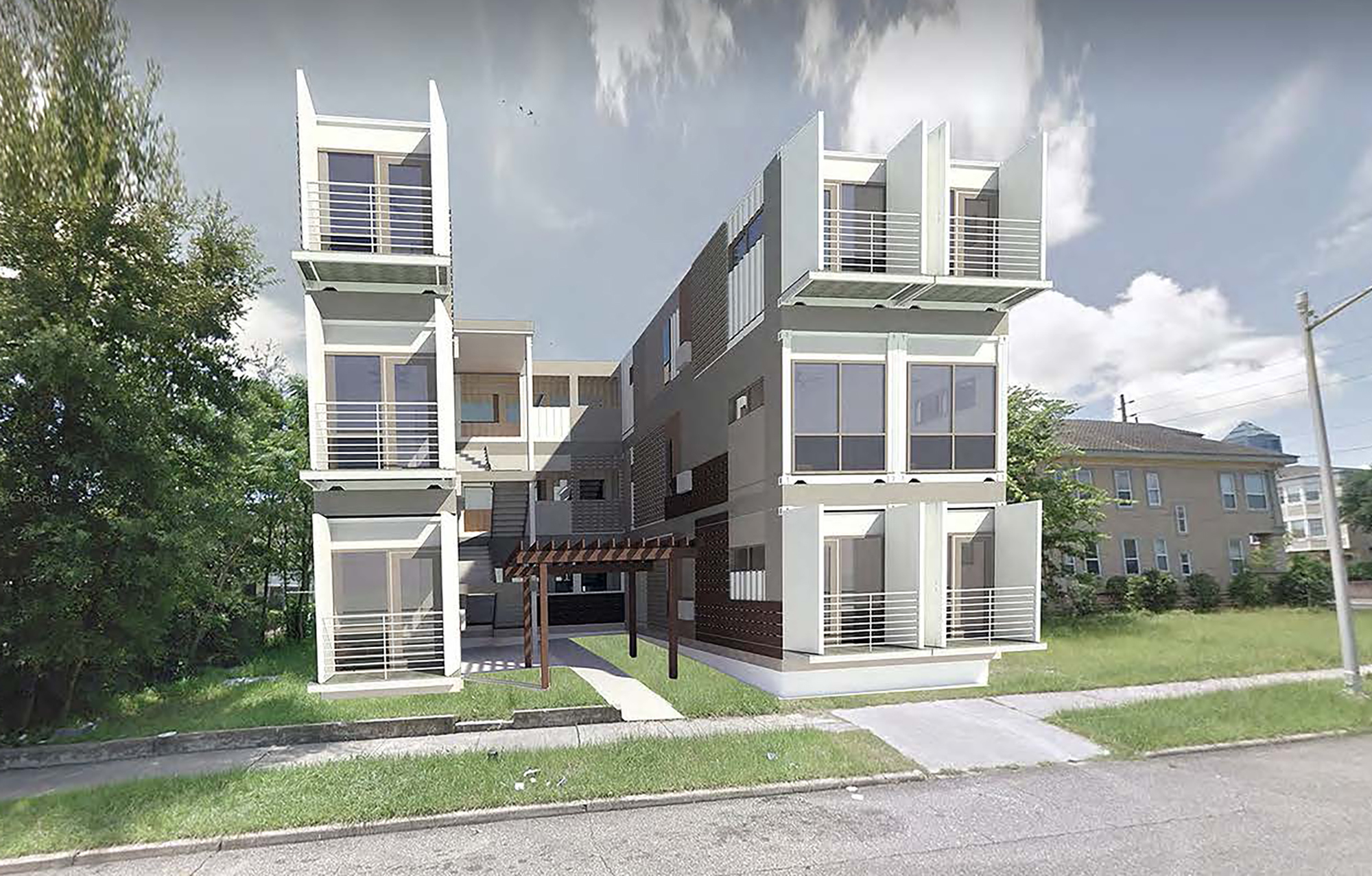 An artist’s rendering of the shipping container project planned at 412 E. Ashley St. in the Cathedral District.