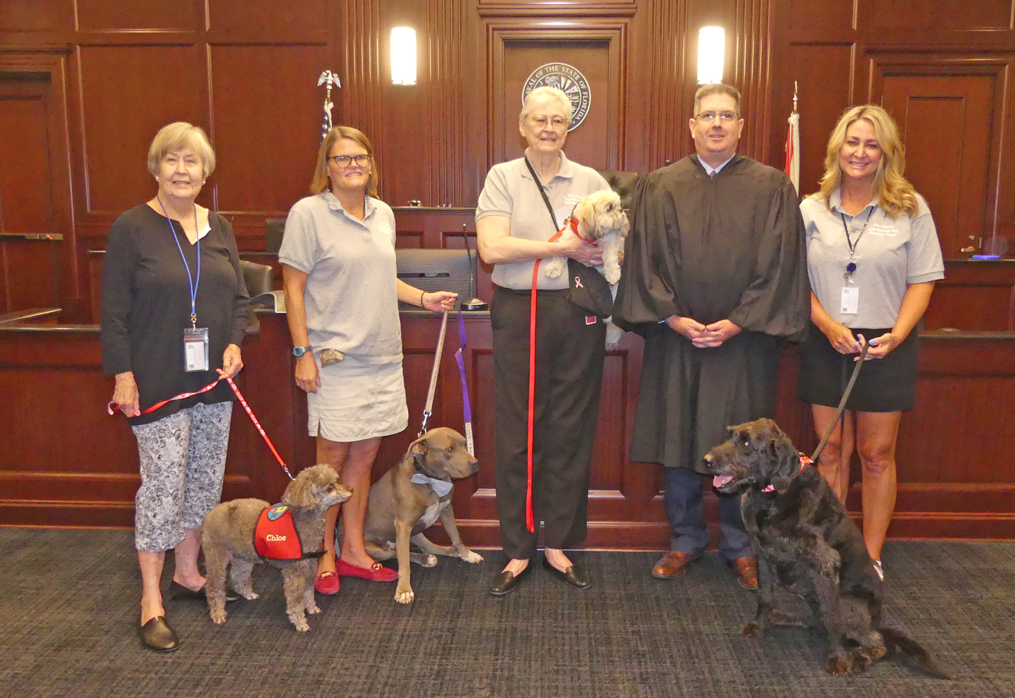 From left, Carole Scanlon and Chloe, Elizabeth Wallace and Mr. Vito, Sylvia Osewalt and Missy, Circuit Judge Mark Borello and Rebecca Burchell and Purdy.