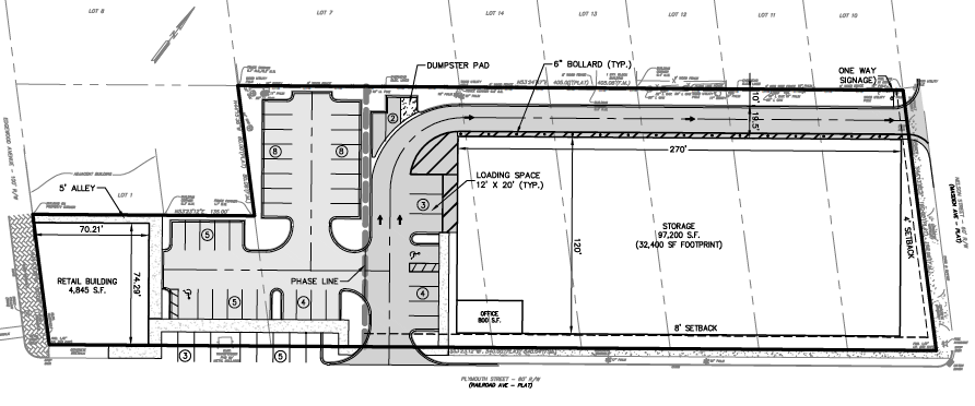 Proposed self-storage and retail space site plan in Murray Hill.