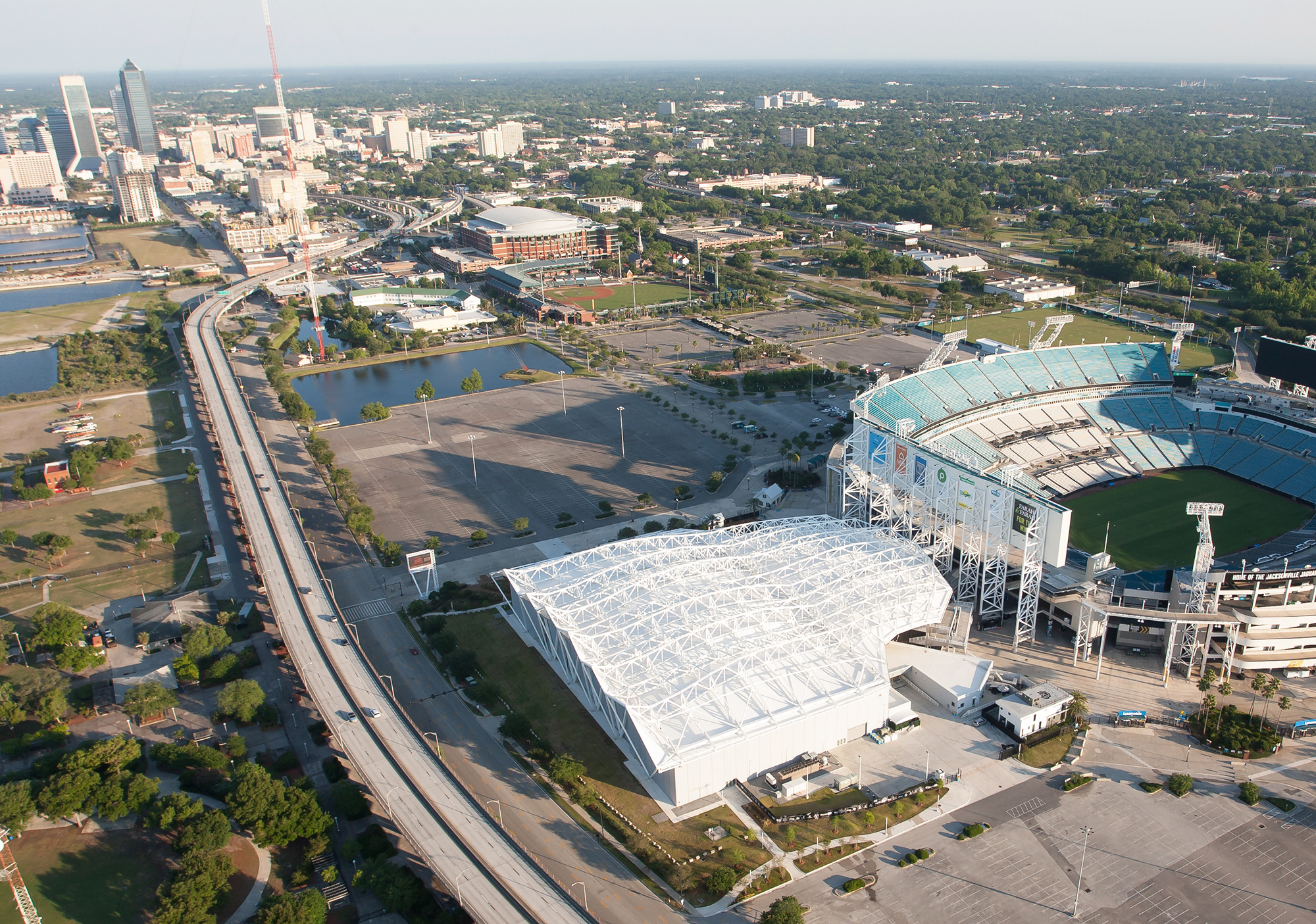 This city of Jacksonville aerial photo shows TIAA Bank Field area with Lot J west of Daily's Place.