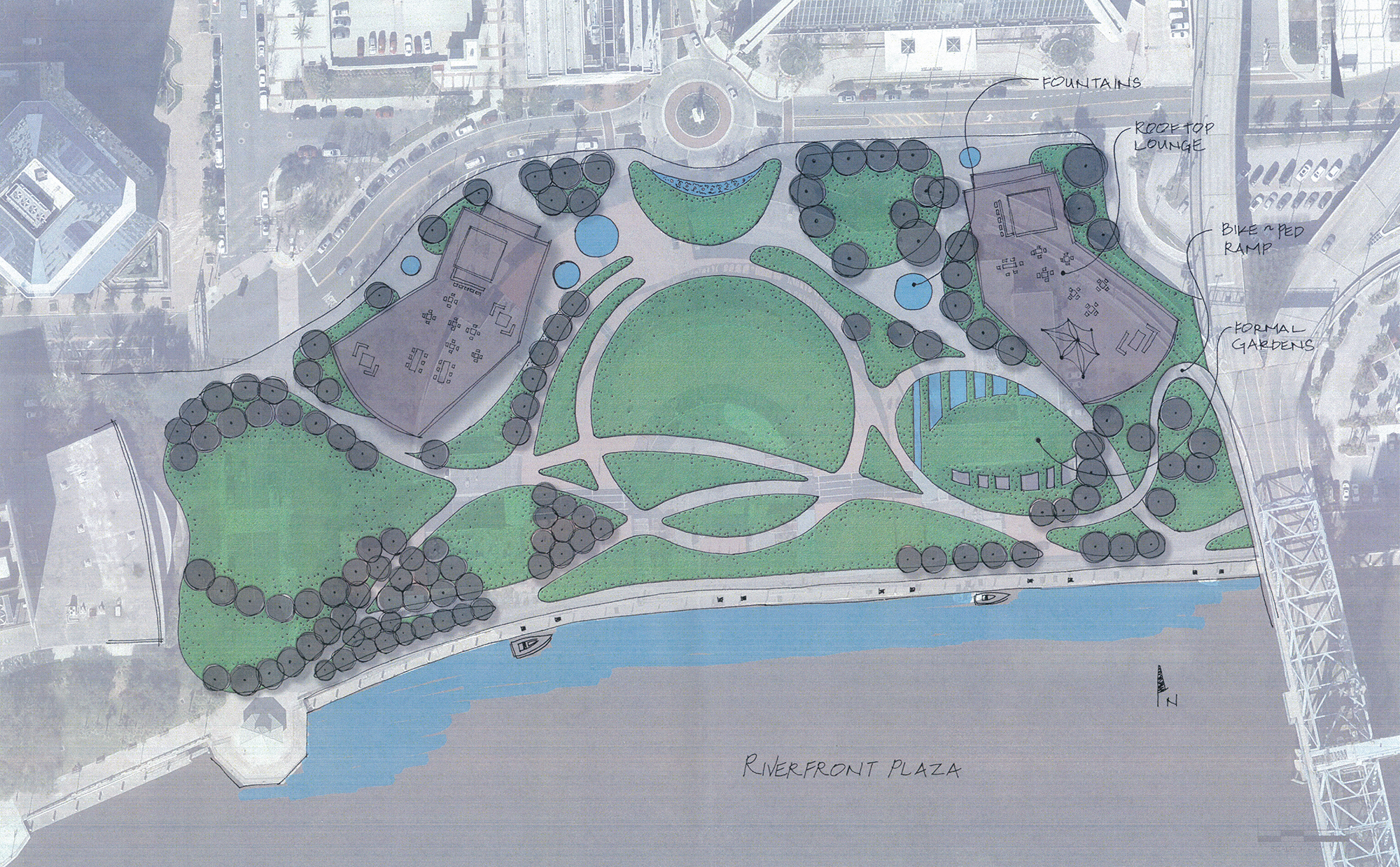 A rendering from the city’s Parks and Recreation Department surfaced that showed an urban park at the center of a redeveloped Jacksonville Landing site.