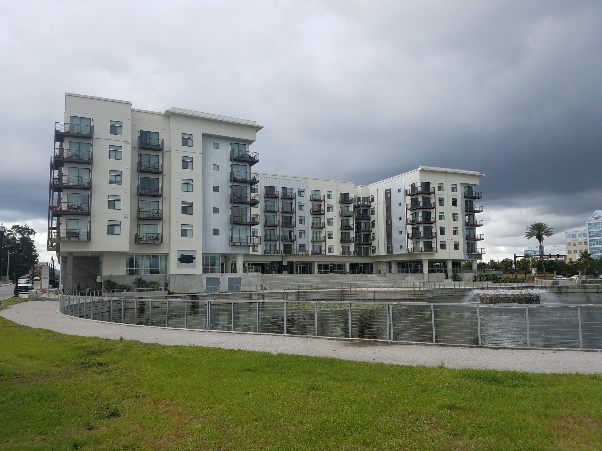 Unity Plaza sits below 220 Riverside apartments and overlooks a water feature.