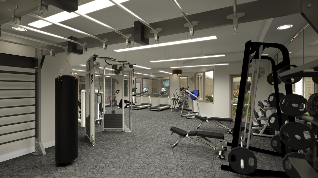 Amenities include a 24-hour fitness club with Peloton bikes.