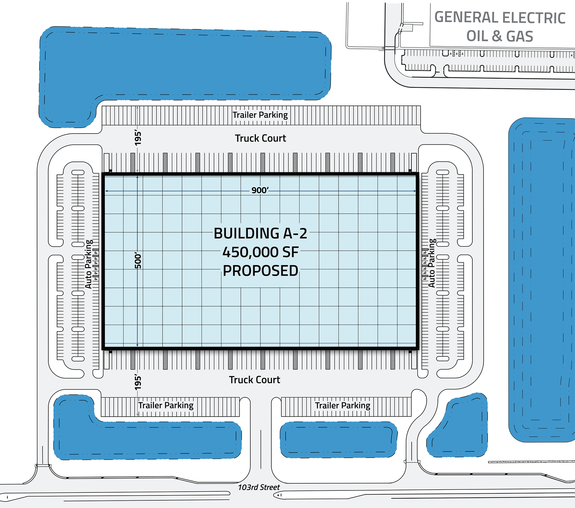 A marketing brochure shows the proposed Building A-2 in the 13000 block of 103rd Street.