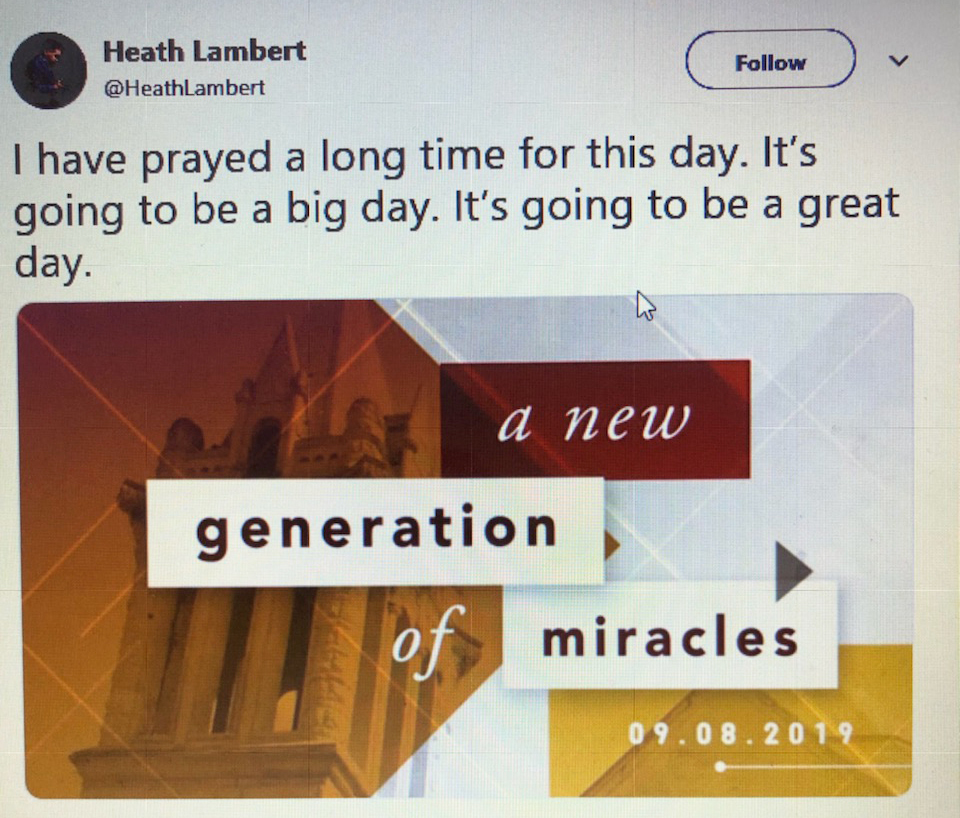The Twitter post from First Baptist Church Senior Pastor Heath Lambert about the announcement.