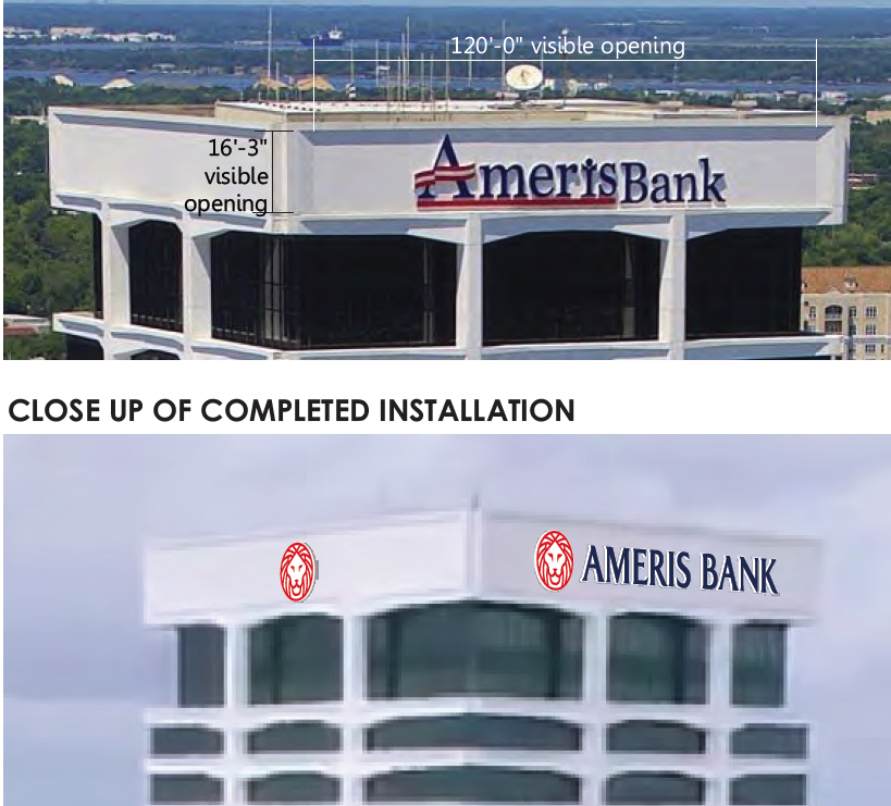 A before and after rendering of the new Ameris sign.