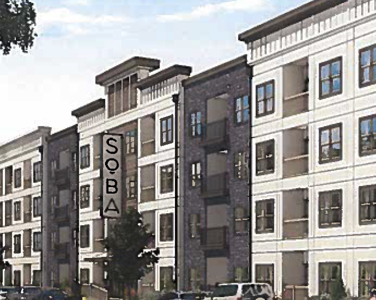 An artist's rendering of the SoBA apartments sign.