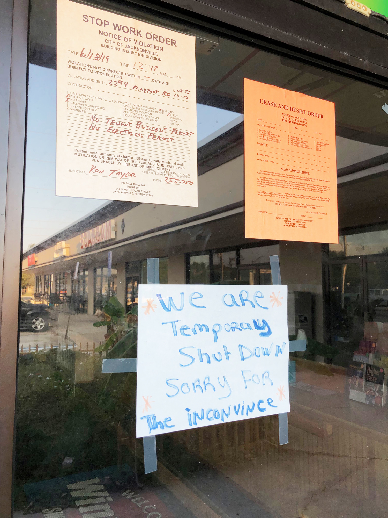 A sign on the door at Winners Internet Cafe in  Mayport says the business is temporarily shut down. A stop work order says it lacks tenant build-out and electrical permits.