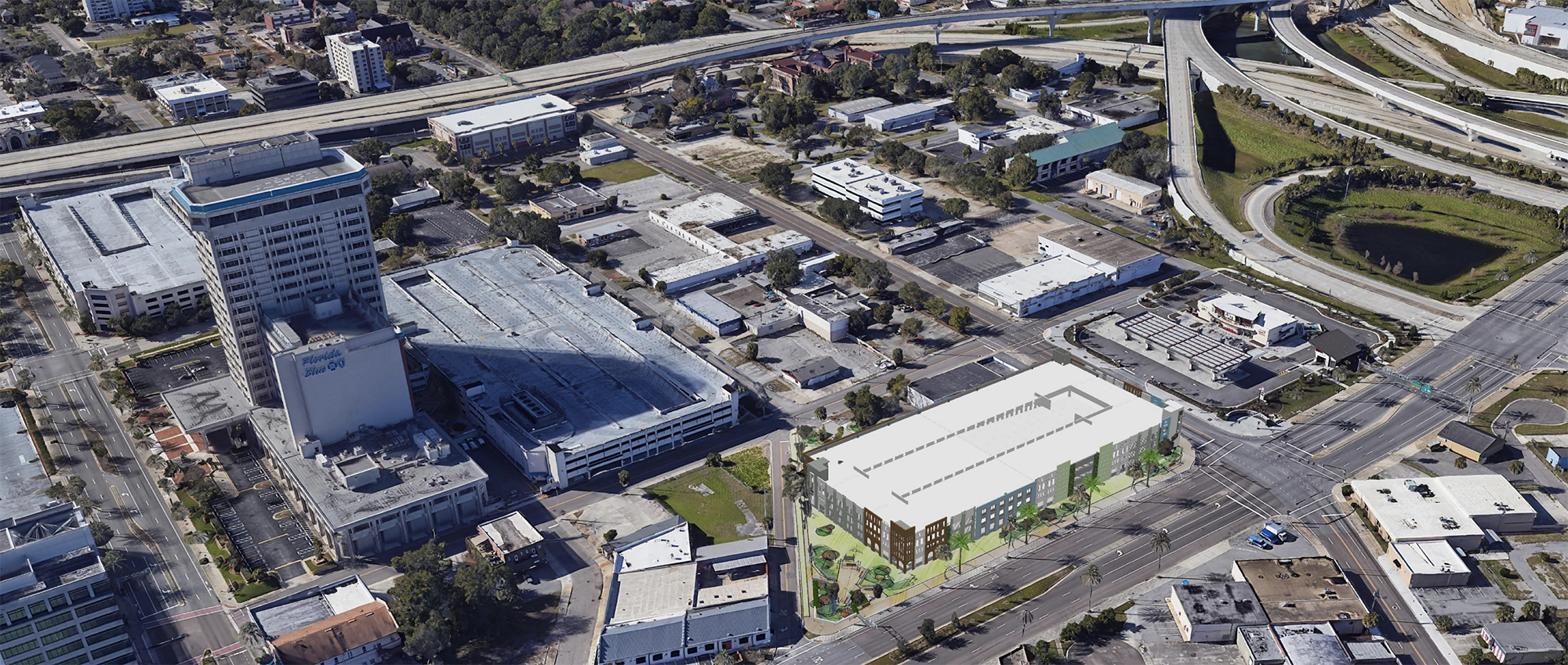 An aerial rendering shows the Florida Blue garage at Magnolia, Forest and Park streets near the Florida Blue headquarters on Riverside Avenue.