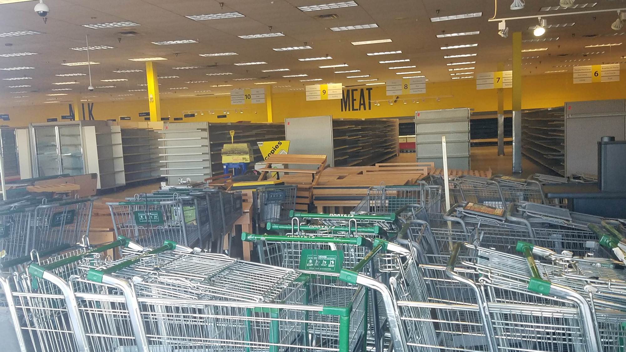 Shopping carts and shelves fill the former Harveys store.