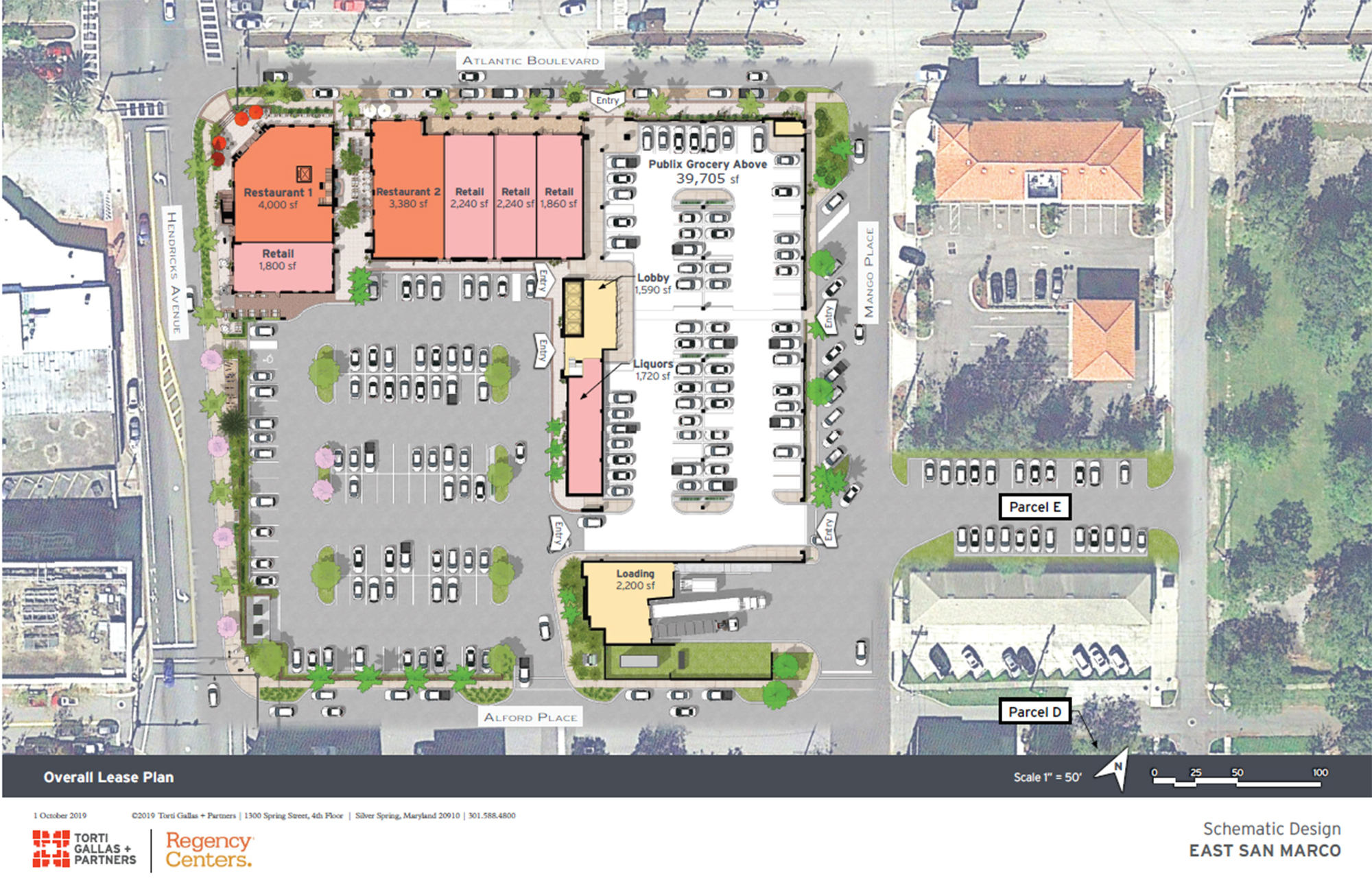 The site plan for the East San Marco shopping center shows the parking garage under the Publix grocery store.