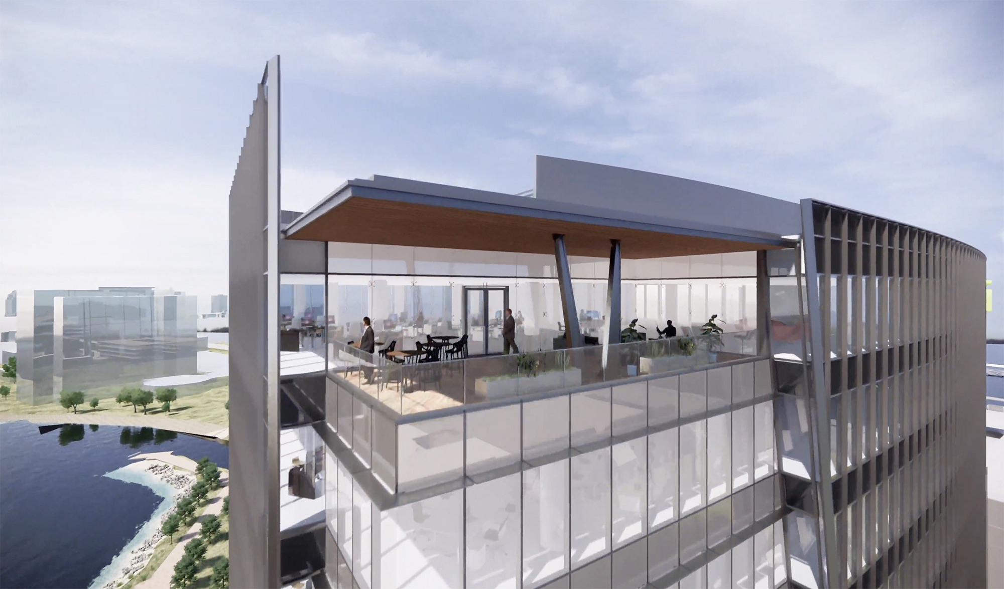 A rendering of the new FIS headquarters shows an open-air area at the top of the 12-story tower.