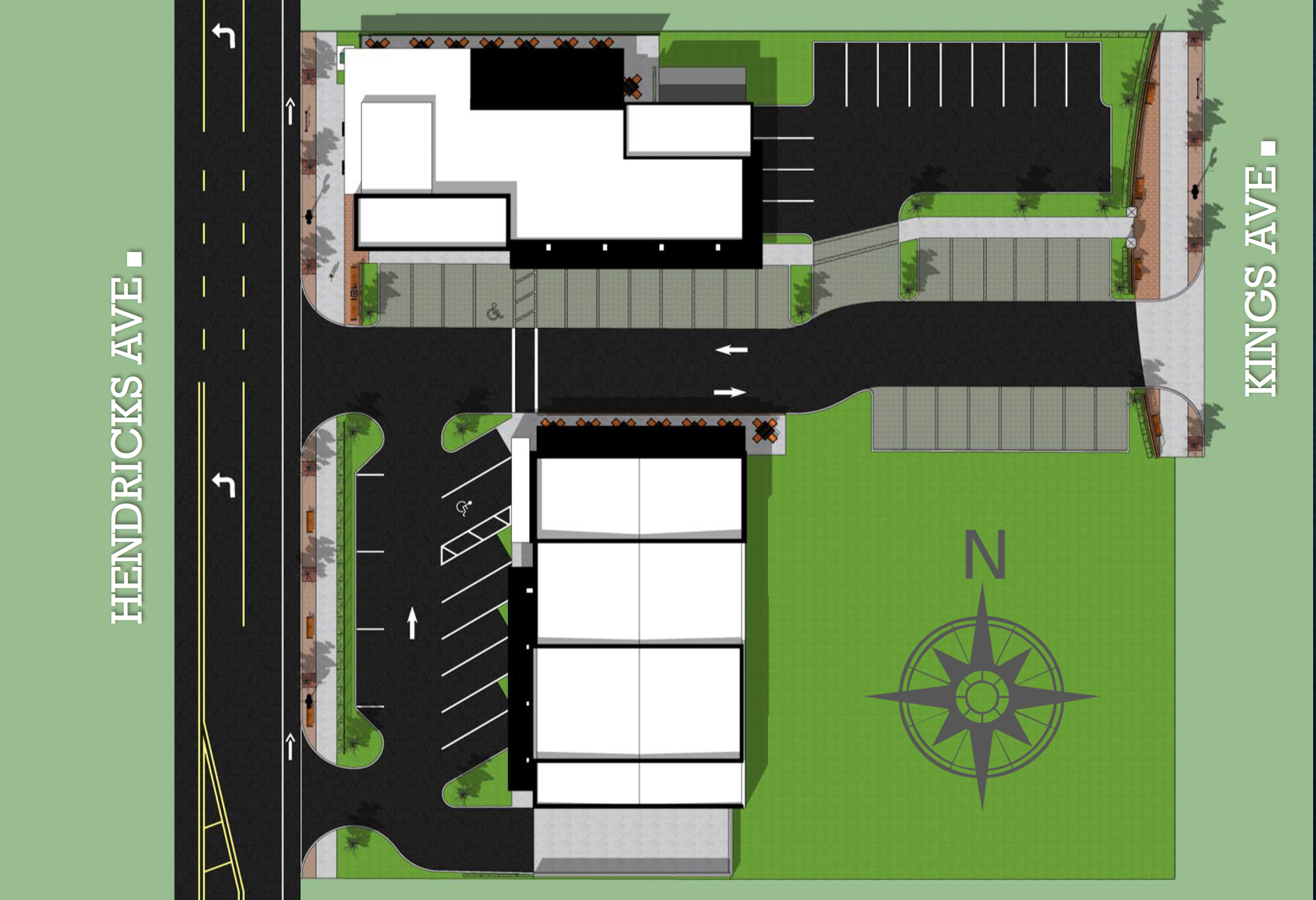 The plan for the Reddi-Arts site would create two restaurant buildings with access from Hendricks and Kings avenues.
