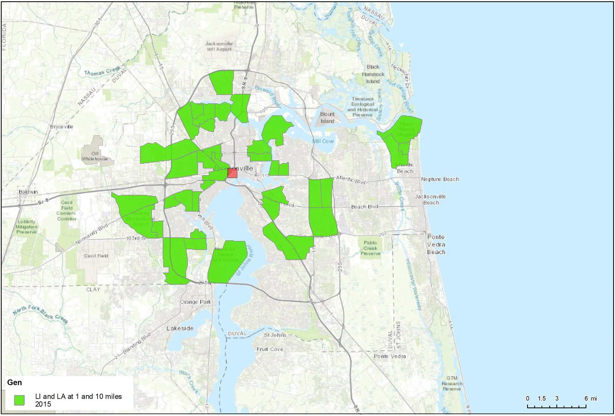 A map of Northeast Florida food deserts according to the U.S. Department of Agriculture.