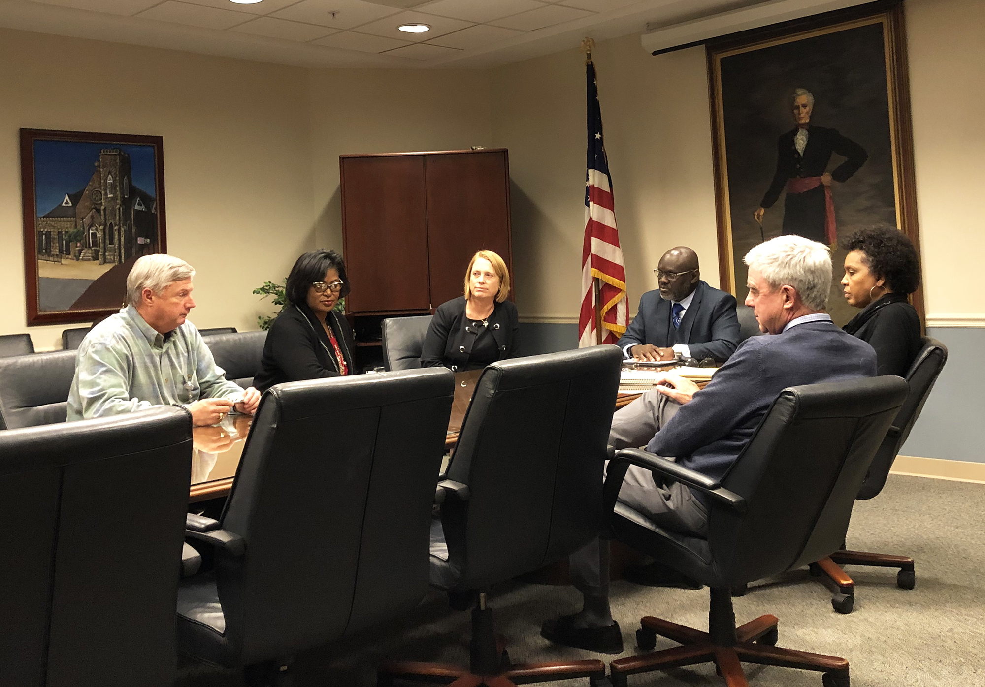 City Council members Matt Carlucci, Joyce Morgan, Randy DeFoor, Sam Newby, Brenda Priestly Jackson and Michael Boylan meet Tuesday at City Hall.