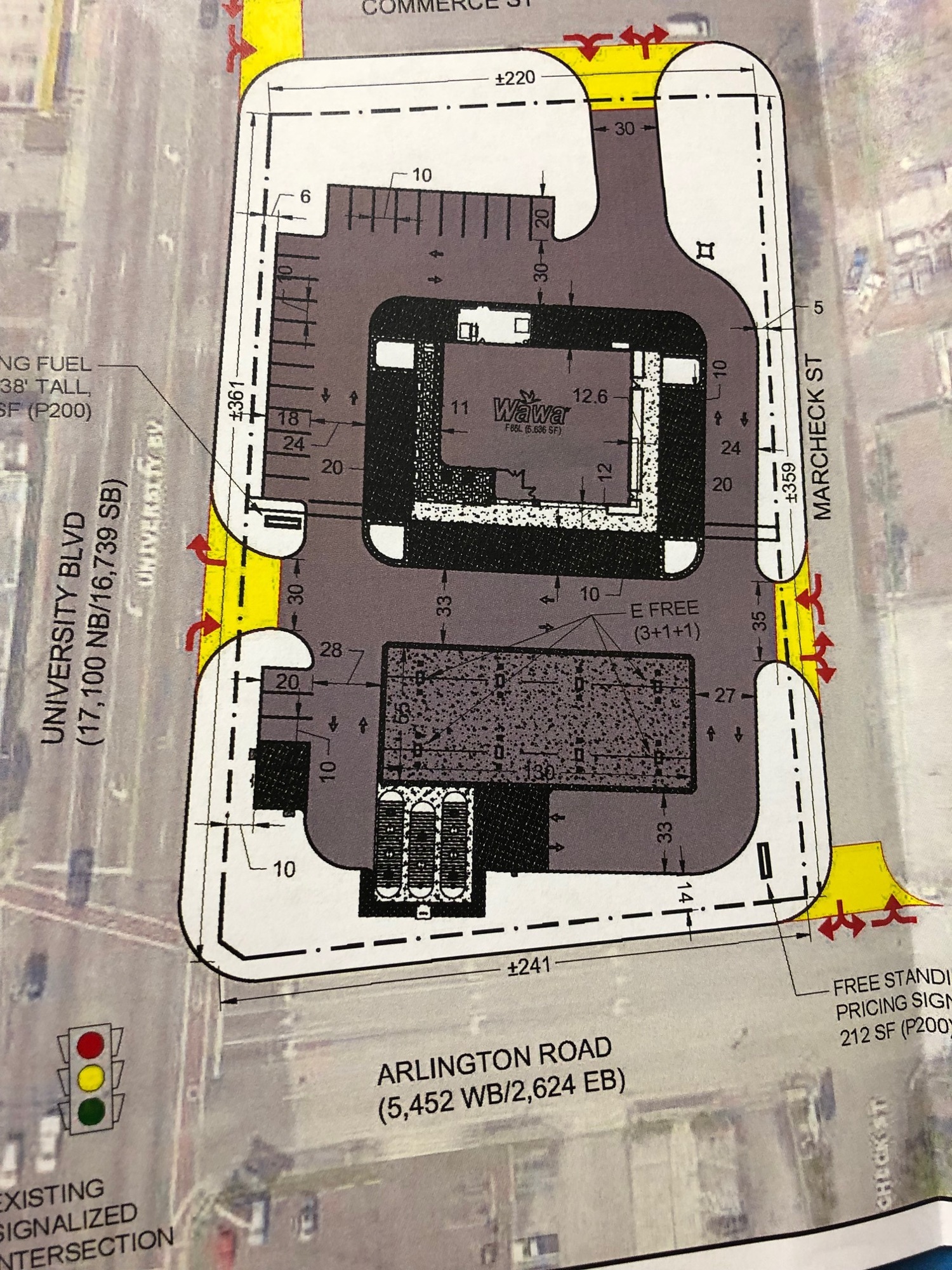 The Arlington Wawa site is bordered by University Boulevard, Arlington Road and Marcheck and Commerce streets. The driveway on University Boulevard will be limited to vehicles entering the property.