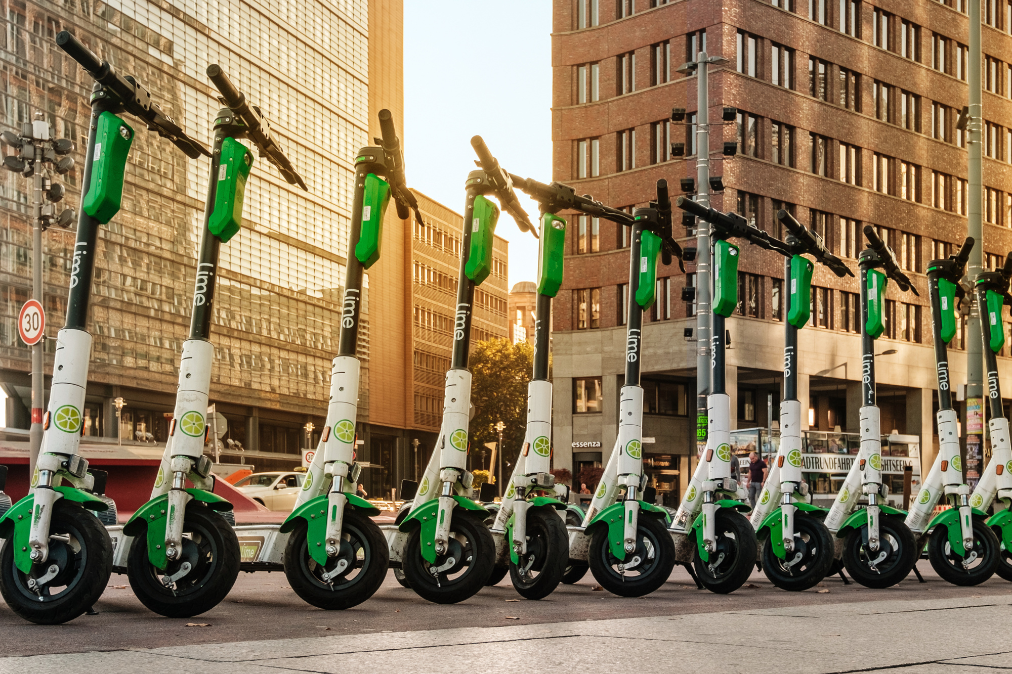 Lime dockless scooters await users.