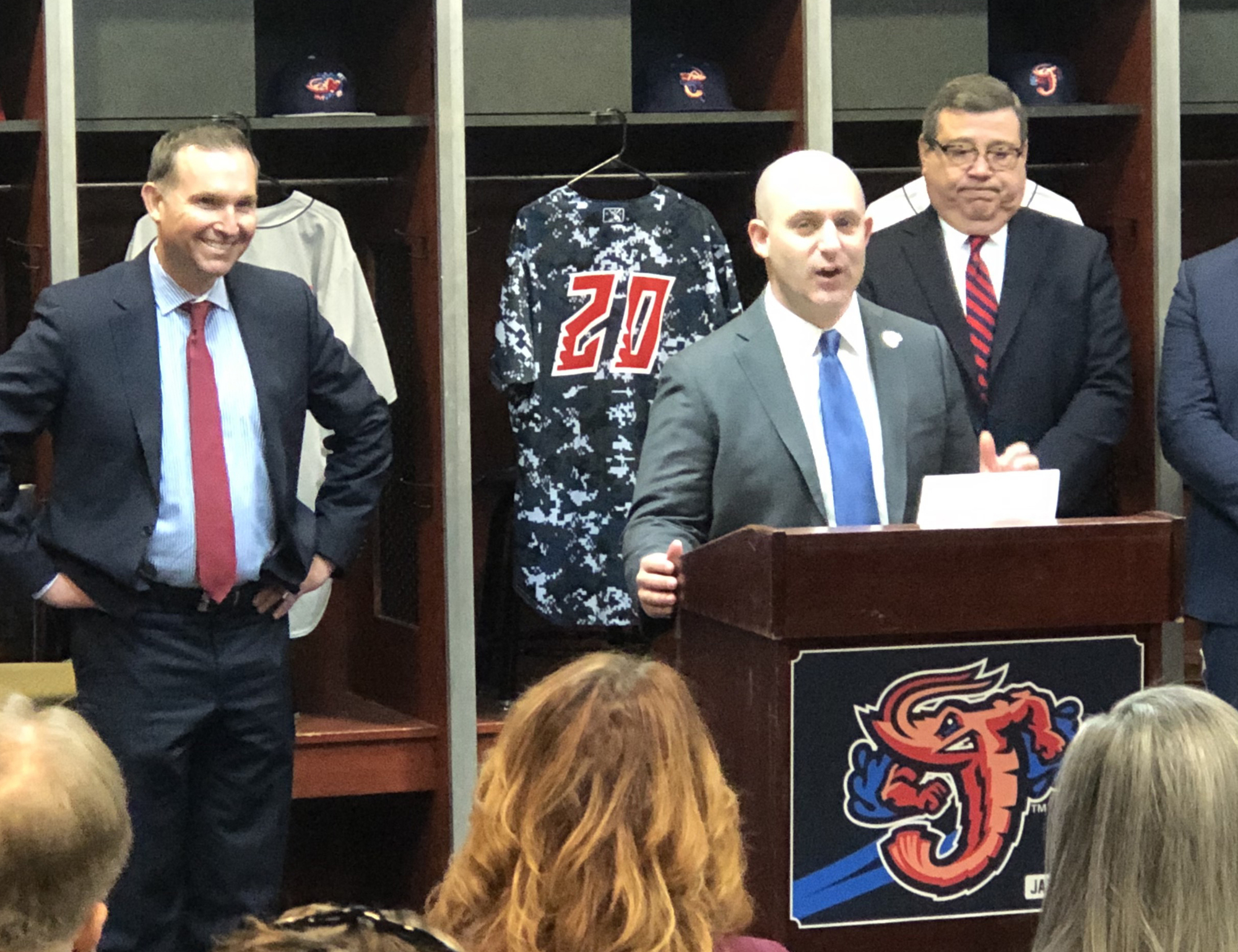 Jacksonville Mayor Lenny Curry, Jumbo Shrimp owner and CEO Ken Babby and 121 Financial Credit Union interim CEO David Marovich announce the naming rights deal Jan. 22.