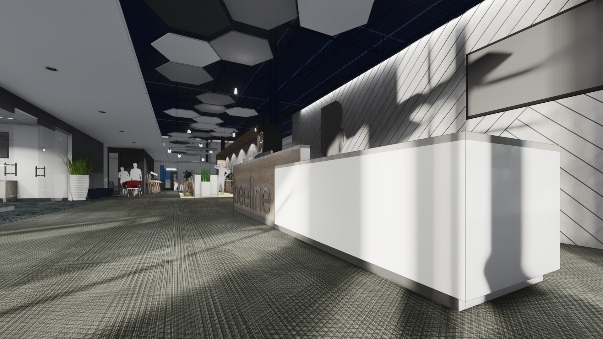 An artist’s rendering of the lobby area for Beeline.  The software company has 195 employees.