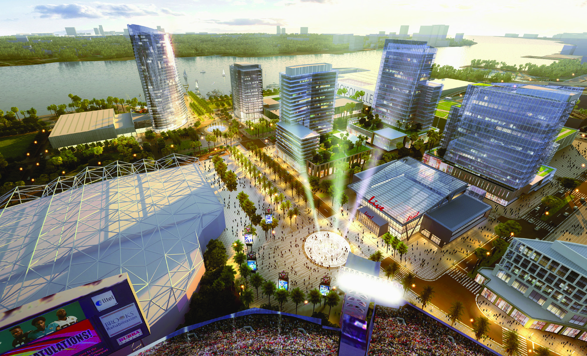 An artist’s rendering of the proposed Lot J development. The first phase includes a Live! Arena, a residential tower, hotel and an office tower.