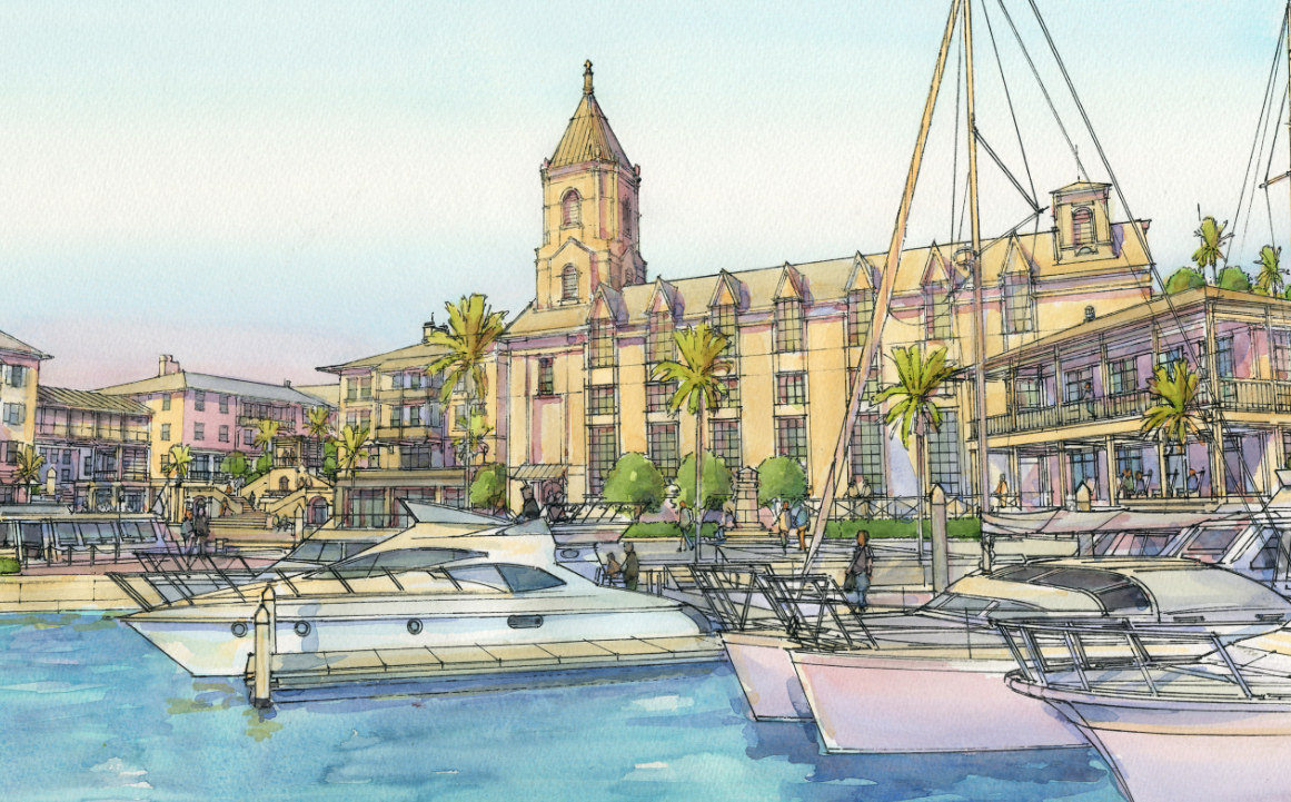 An artist’s rendering of “Windward Town,” the proposed redevelopment of the St. Augustine Shipyard that was acquired by Windward Group in 2019.